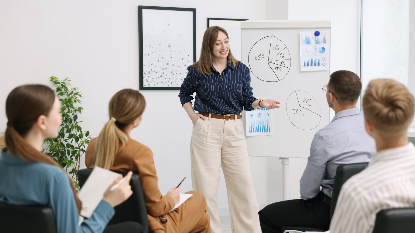 A presenter explaining charts on a whiteboard to a seated team